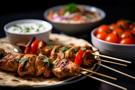 Premium Ai Image Shish Tawook Skewers Served With Garlic Sauce And