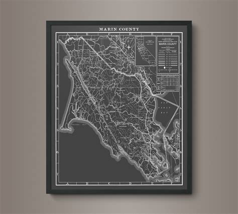 1930s Monochromatic Map of Marin County – Art Circa