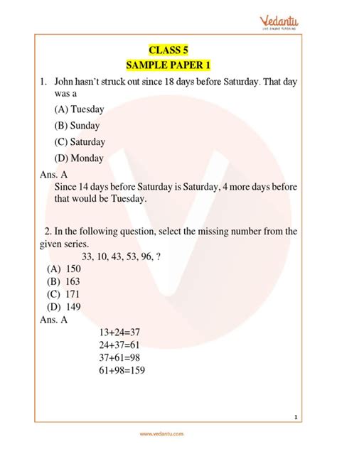 Imo Maths Olympiad Sample Question Paper 1 Class 5 Pdf Teaching