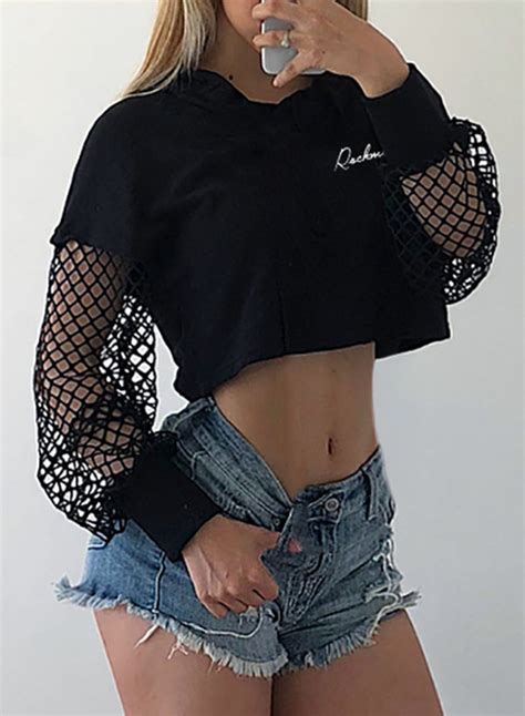 Sexy Long Sleeve Hollow Out Crop Top Loose Solid Color Hoodie