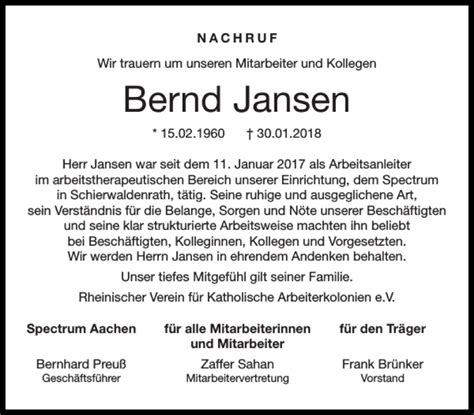 Traueranzeigen Von Bernd Jansen Aachen Gedenkt