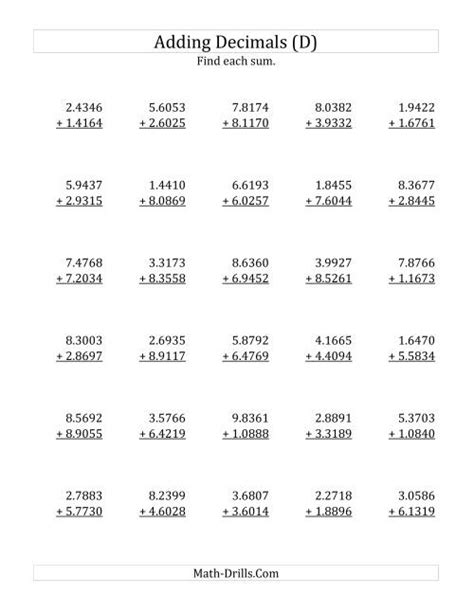 Adding Decimal Ten Thousandths With 1 Digit Before The Decimal Range 1 0001 To 9 9999 D