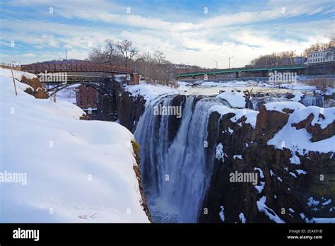 PATERSON, NJ -6 FEB 2021- Winter view of the Great Falls of the Passaic ...