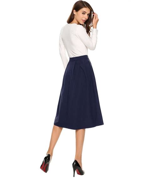 Womens High Waist Flared A Line Pleated Midi Long Skirt With Pocket S