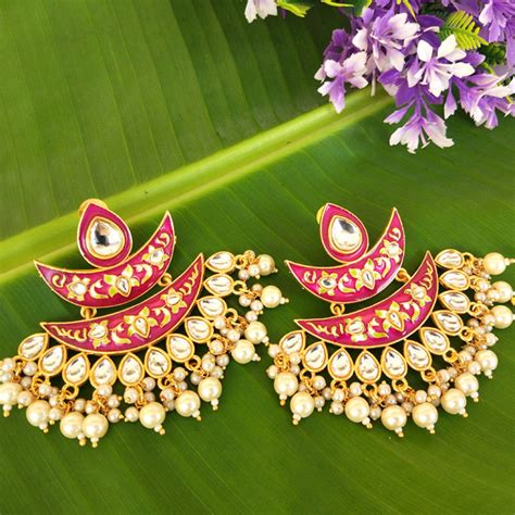 Three Layer Pink Meenakari Kundan Chandbali Earring FashionCrab