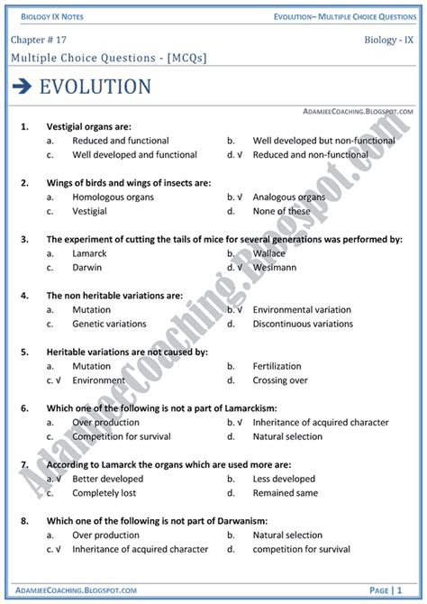 Adamjee Coaching Evolution Mcqs Biology Notes For Class Th