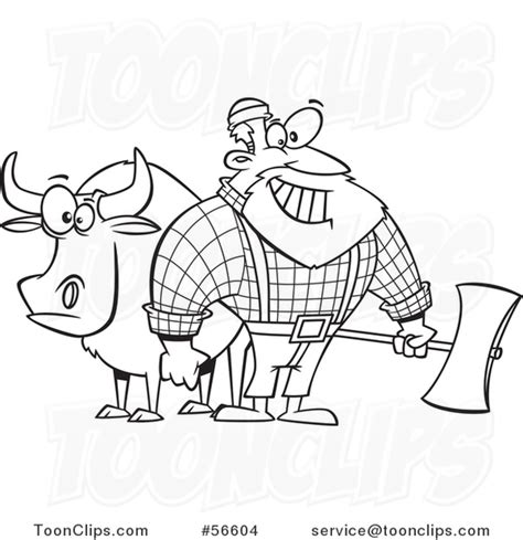 Cartoon Outline Paul Bunyan Lumberjack Holding An Axe By Babe The Blue Ox By Ron Leishman