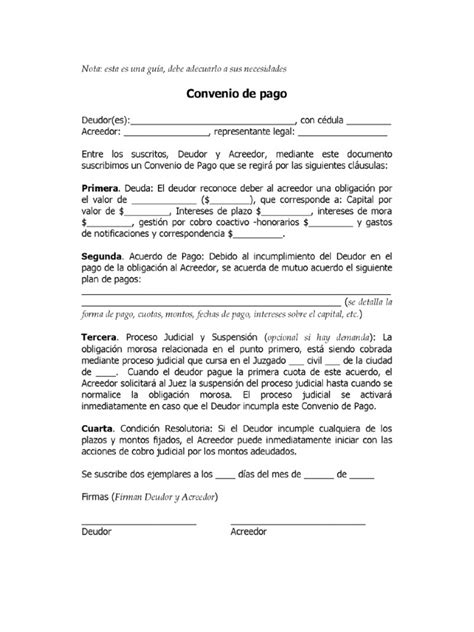 Word Convenio De Pago O Acuerdo De Pago Modelos Y Formatos Pdf