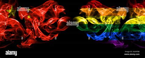 China Vs Gay Pride Smoke Flags Placed Side By Side Thick Colored Silky