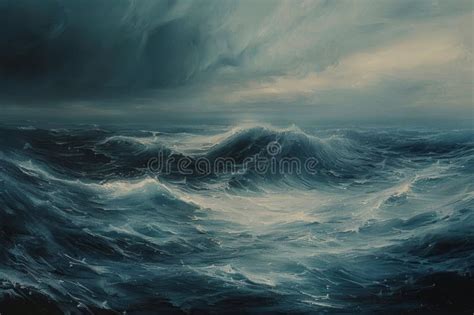 An Oil Painting Depicting Powerful Waves Crashing Against Dark