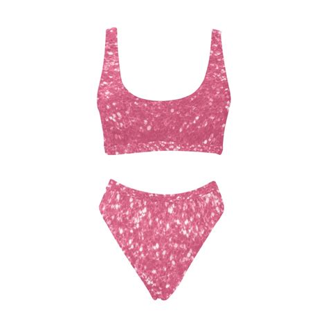 Magenta Light Pink Red Faux Sparkles Glitter Sport Top High Waisted Bikini Swimsuit Model S