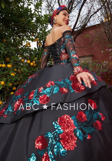 Floral Long Sleeve Quinceanera Dress By Ragazza M Black