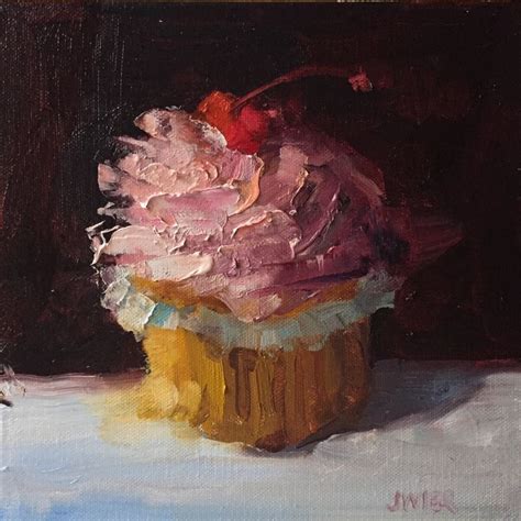 An Oil Painting Of A Cupcake On A Table