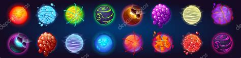 Fantasía Planetas Alienígenas Para El Juego Espacial Ui Vector Iconos De Dibujos Animados