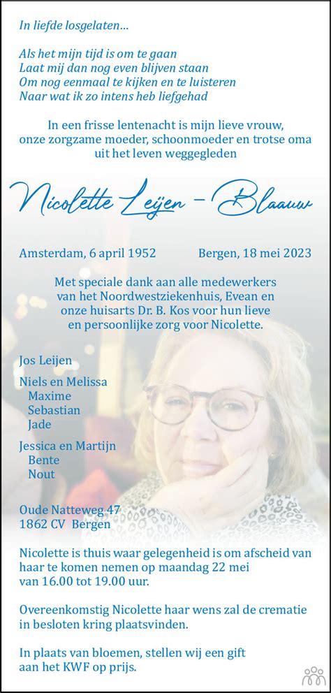 Nicolette Leijen Blaauw 18 05 2023 Overlijdensbericht En Condoleances