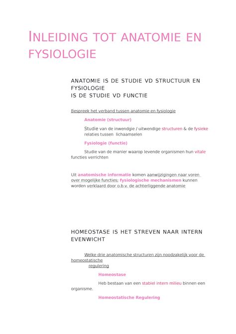 H1 Inleiding Tot Anatomie En Fysiologie INLEIDING TOT ANATOMIE EN