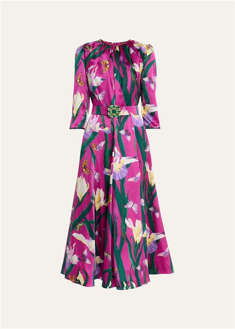 Andrew Gn Floral Print Gathered Belted Midi Dress In Magenta ModeSens