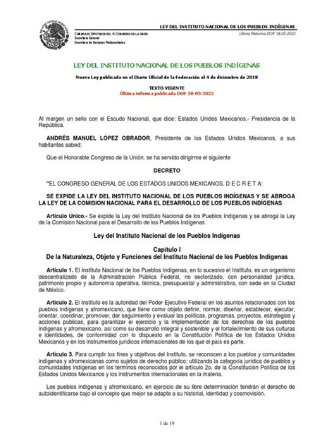 Ley Del Instituto Nacional De Los Pueblos Indígenas Pdf México Legislador