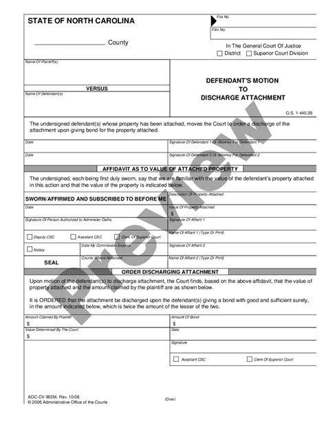 North Carolina Defendant S Motion To Discharge Attachment Us Legal Forms