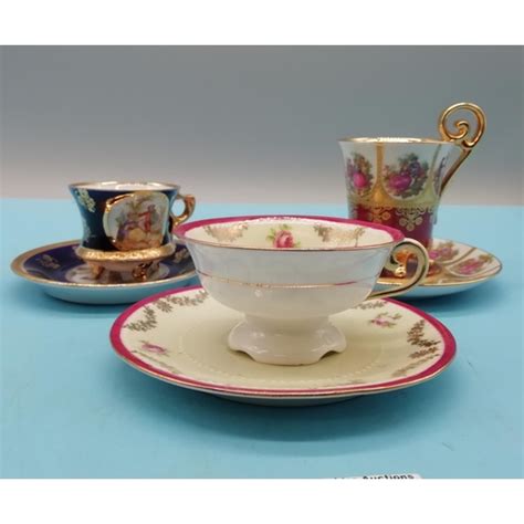 Cabinet Cups And Saucers 3 Continental La Rewe Decorated In 22k