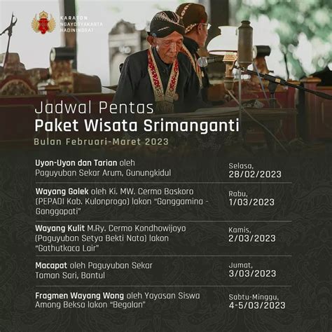 Jadwal Pentas Paket Wisata Srimanganti Februari Maret 2023 Dinas