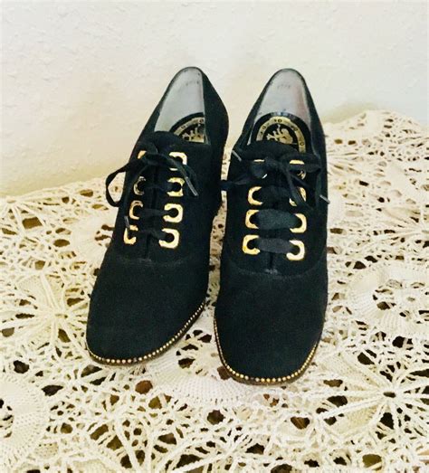 50’s Vintage Black Suede Gold Studded Oxford Heels - Gem