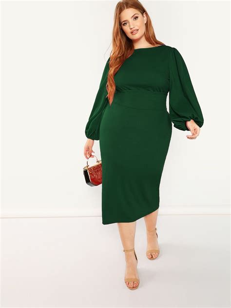 Plus Lantern Sleeve Belted Pencil Dress Shein Sheinside Pencil