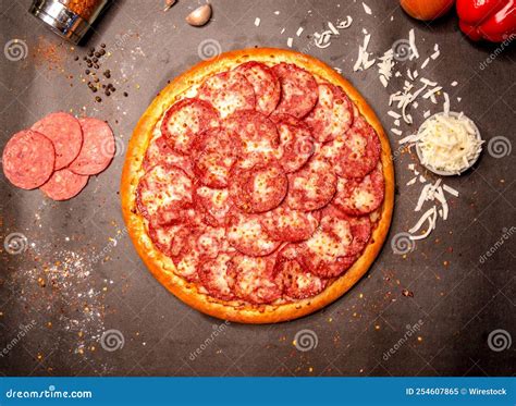 Top View Of A Whole Pepperoni Pizza On The Table Stock Image Image Of