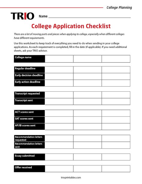 College Application Checklist Activity Sheet Trio Printables