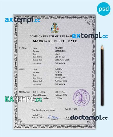 Sample Bahamas Marriage Certificate Psd Template Fully Editable Download