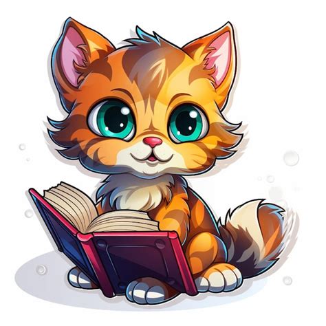 Premium Photo Cartoon Cat Reading A Book With Big Eyes Generative Ai