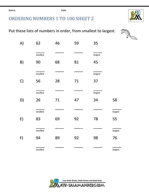 Basic Math Worksheets Ordering Numbers To 100