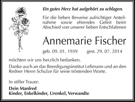 Traueranzeigen Von Annemarie Fischer Abschied Nehmen De