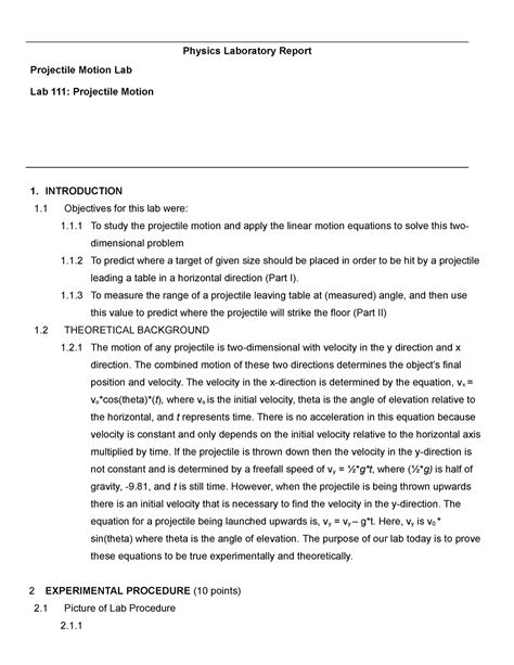 Lab 111 Lab 111 Phys 111A Physics Laboratory Report Projectile