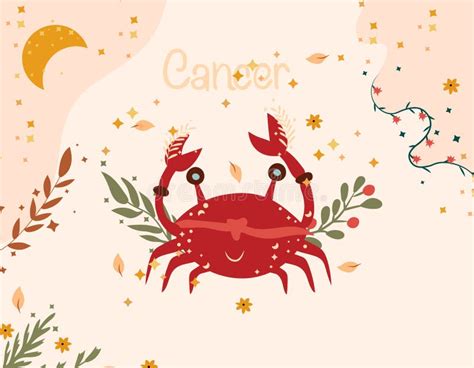 Cancer Zodiac Sign Cute Banner With Cancer Stars Flowers And Leaves