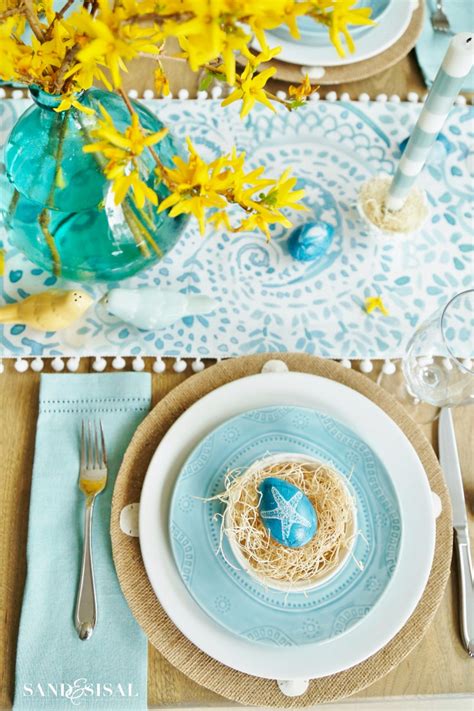 Aqua And Yellow Coastal Easter Tablescape Sand And Sisal