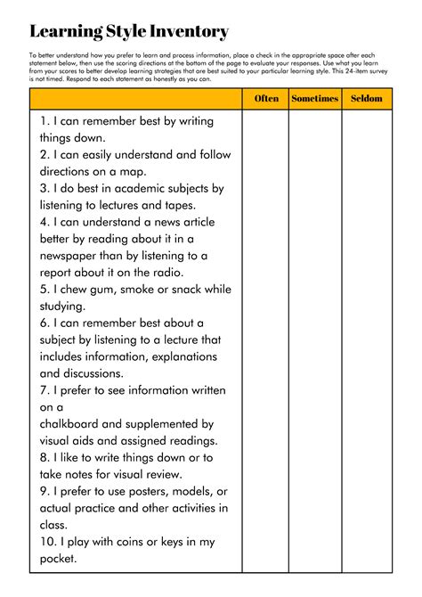 Learning Styles Test Printable