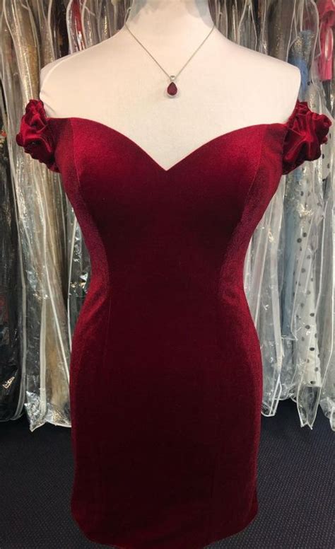 Off The Shoulder Red Velvet Short Party Dress Velvet Prom Dress Red