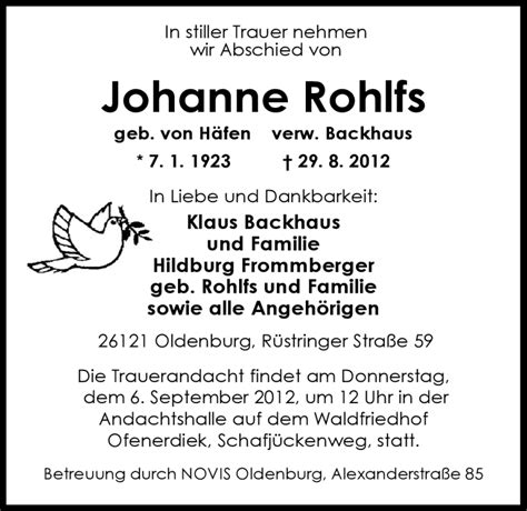 Traueranzeigen Von Johanne Rohlfs Nordwest Trauer De