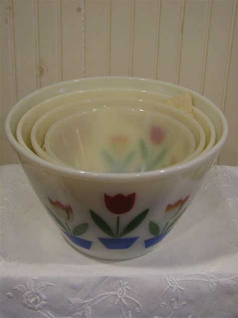 Vintage Fire King Mixing Bowl Set Of 4 Tulip Design