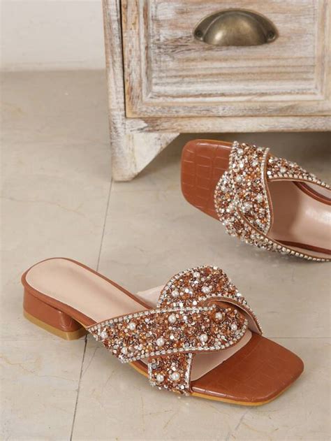 Women Rhinestone Faux Pearls Decor Slide Sandals Glamorous Summer