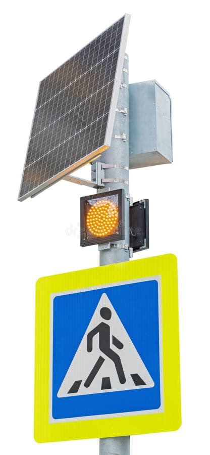 Pedestrian Crossing Road Sign And Solar Powered Traffic Light Stock