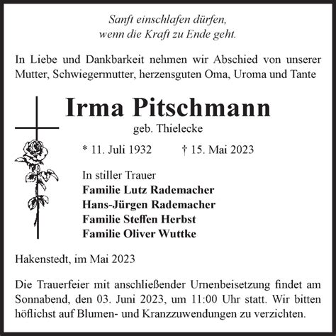 Traueranzeigen Von Irma Pitschmann Abschied Nehmen De