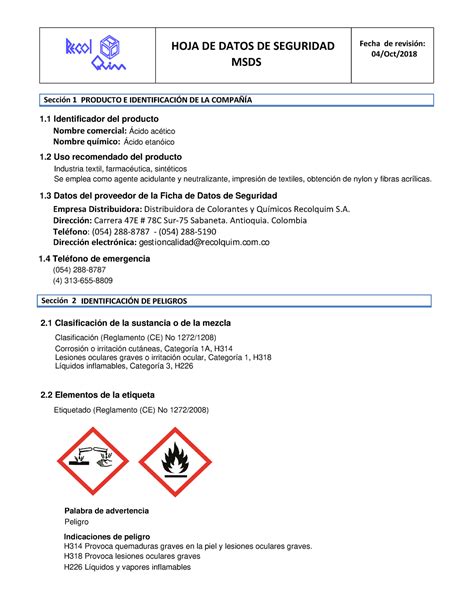 Hoja De Seguridad Acido Acetico HOJA DE DATOS DE SEGURIDAD MSDS 04