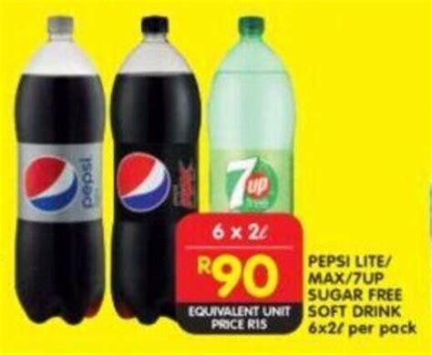 PEPSI LITE/ MAX/7UP SUGAR FREE SOFT DRINK 6x2L per pack offer at Shoprite