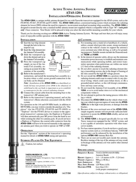 Yaesu ATAS-120A Active Tuning Mobile Antenna Setup Guide | PDF | Antenna (Radio) | Broadcast ...