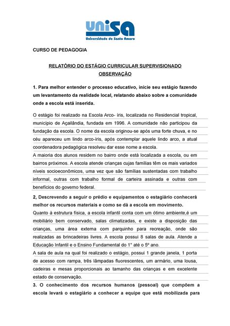 Estágio Supervisionado De Observação E Diagnóstico Do Contexto Escolar