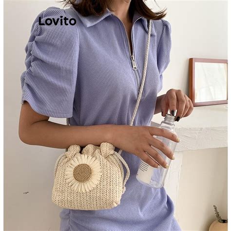 Lovito Casual Bolsa De Ombro Feminina Simples Pequena De Palha