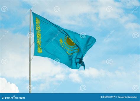 Flag Of Kazakhstan On Sky Background Waving Flag Of Republic Of