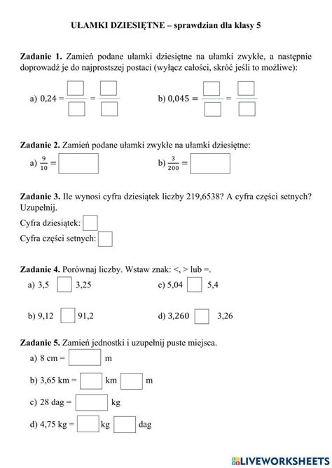 998443 Ułamki Dziesiętne Sprawdzian Dla Klasy 5